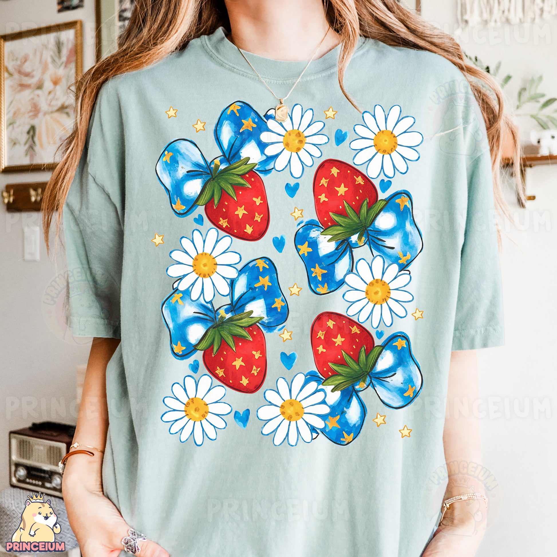 a woman wearing a t - shirt with a strawberry and daisies on it