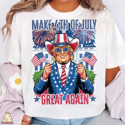 a woman wearing a white t - shirt with an image of donald the trump