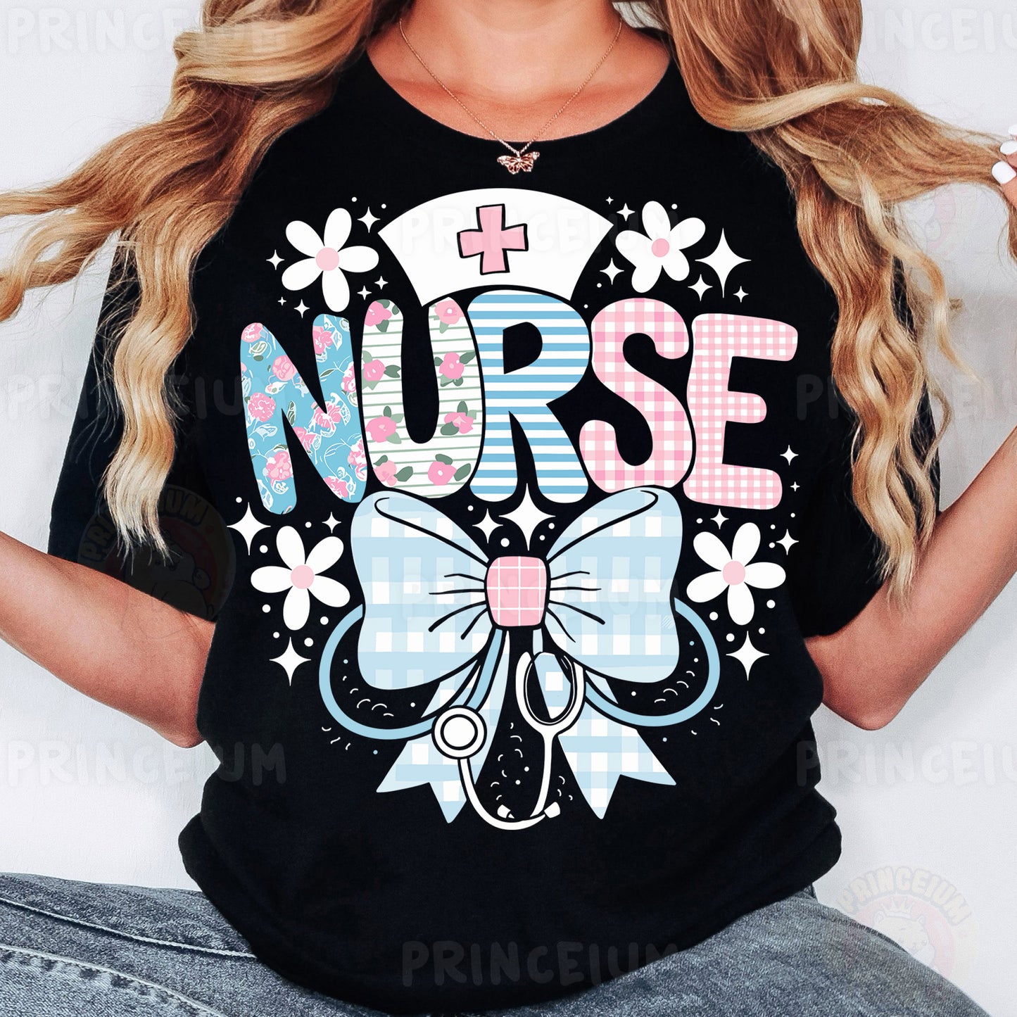a woman wearing a black shirt with the word nurse on it