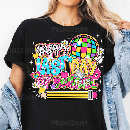a woman wearing a black t - shirt that says just day of school