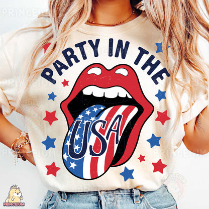 a woman wearing a party in the usa shirt