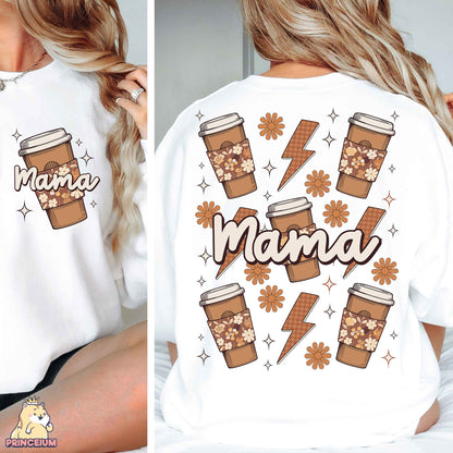 a woman wearing a white shirt with a picture of a cup of coffee on it