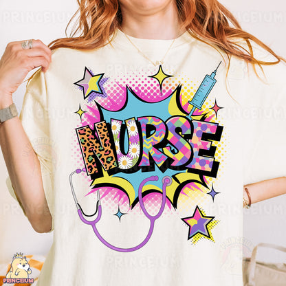 a woman wearing a t - shirt that says nurse