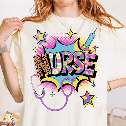 a woman wearing a t - shirt that says nurse