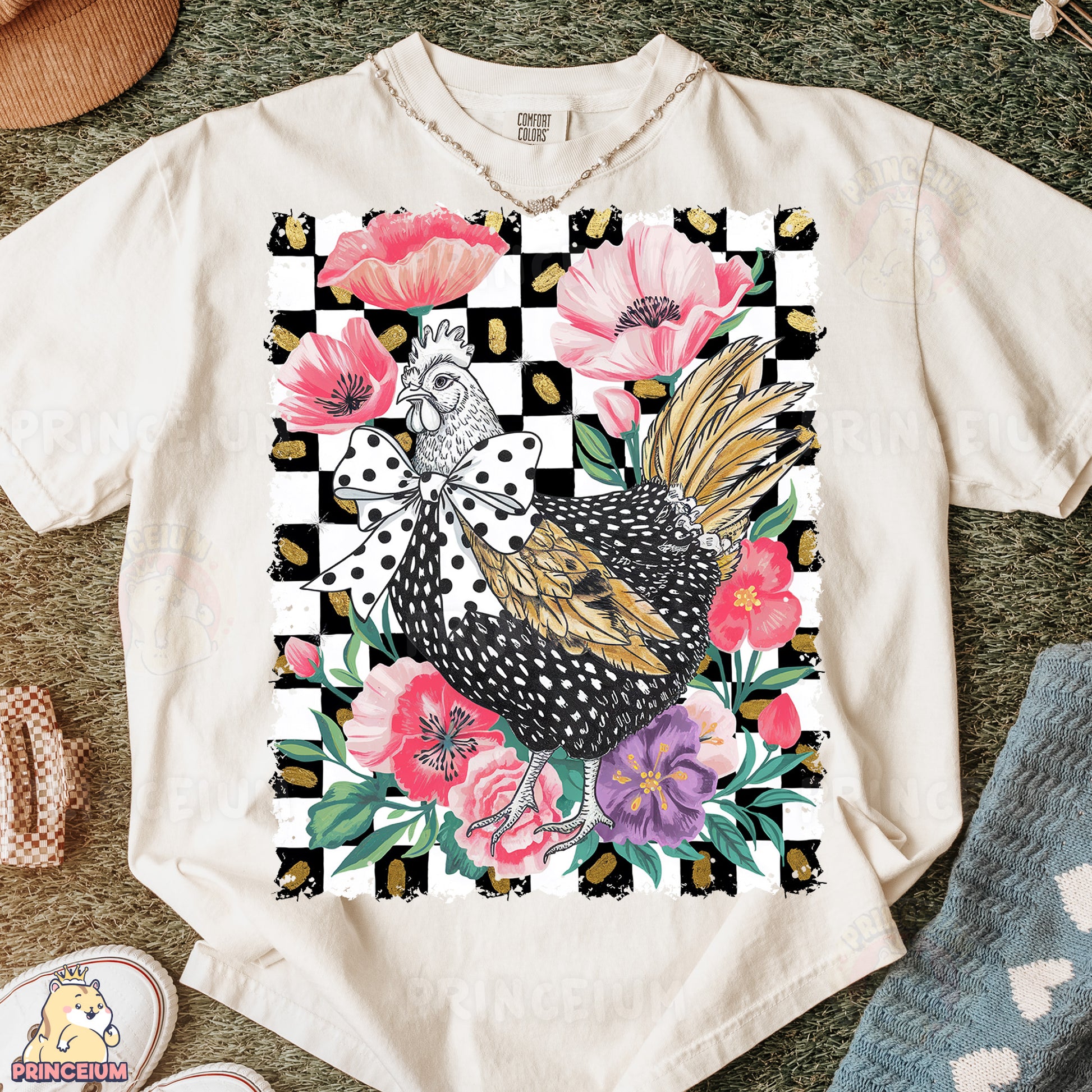 a t - shirt with a chicken and flowers on it