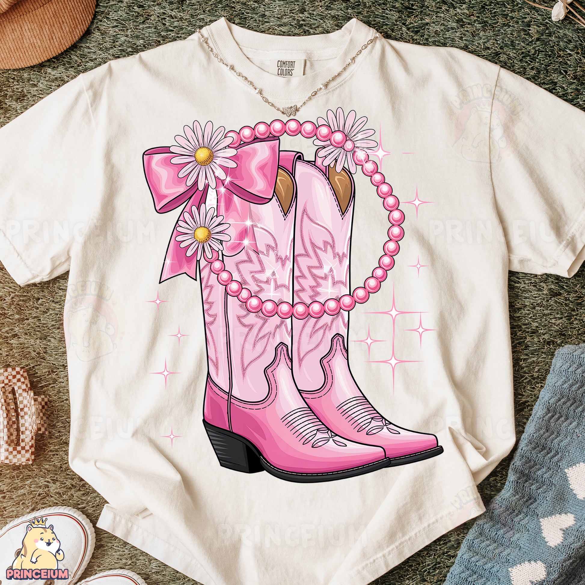 a t - shirt with a pink cowboy boot on it