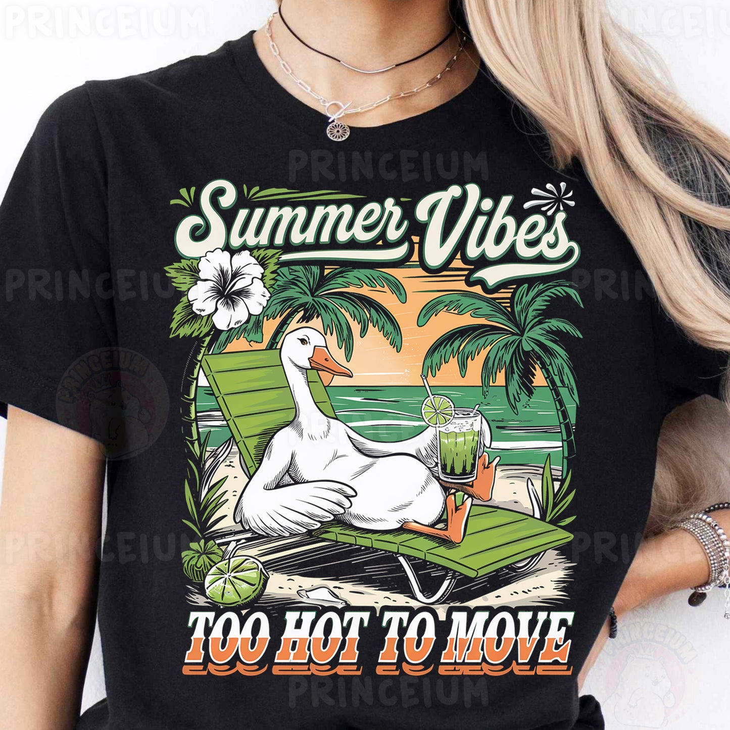 a woman wearing a black t - shirt with a picture of a goose on it