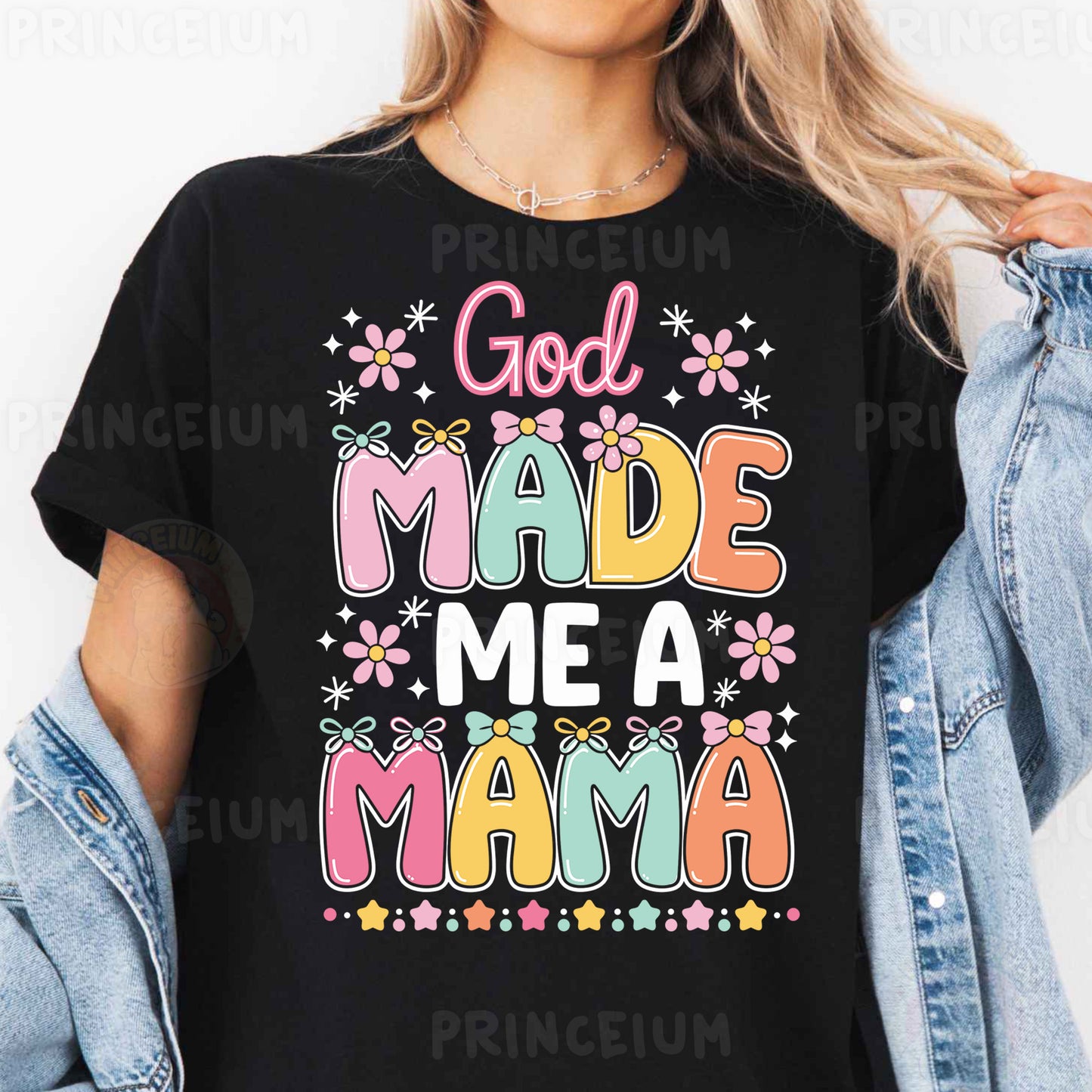 a woman wearing a black shirt that says god made me a mama