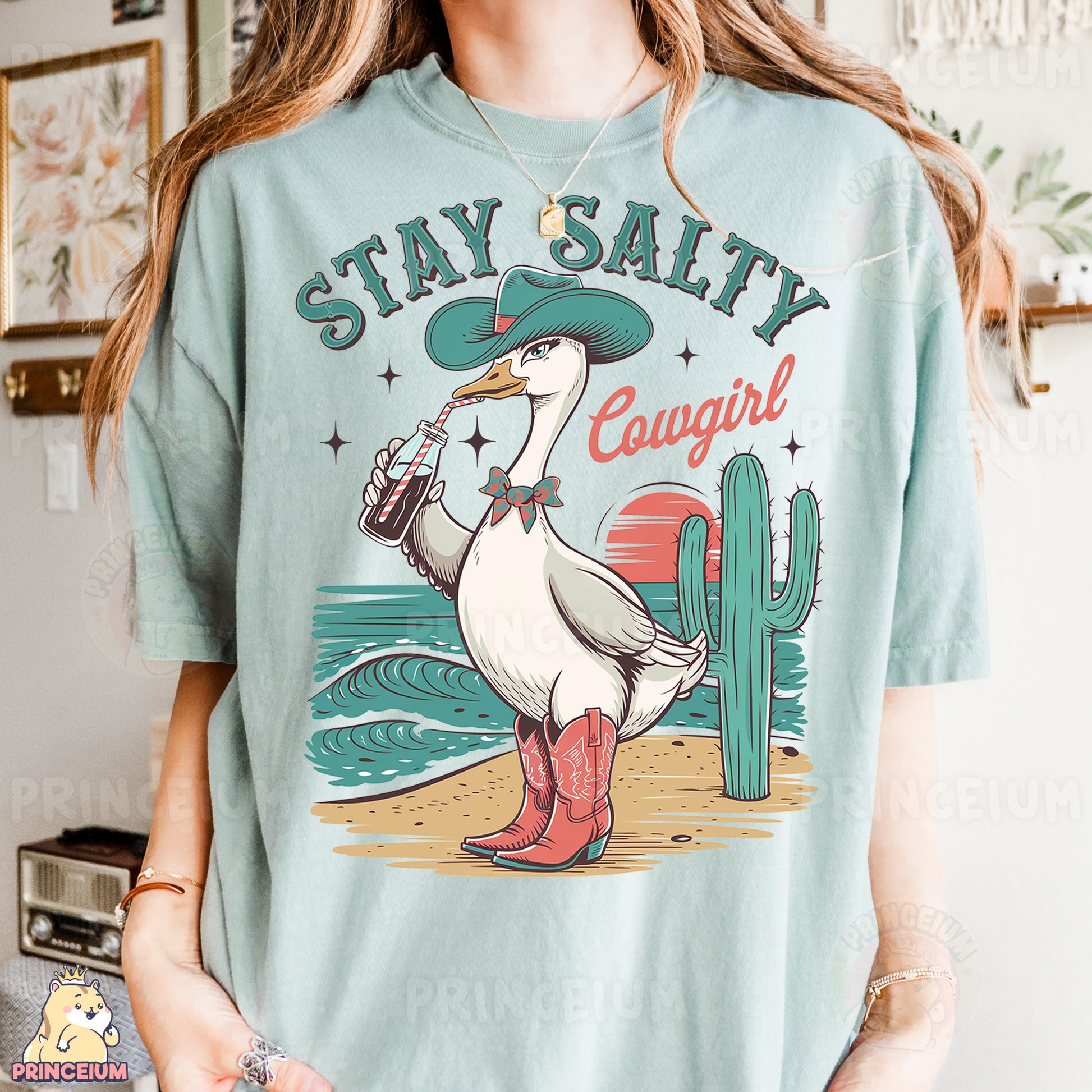 a woman wearing a t - shirt with a duck on it