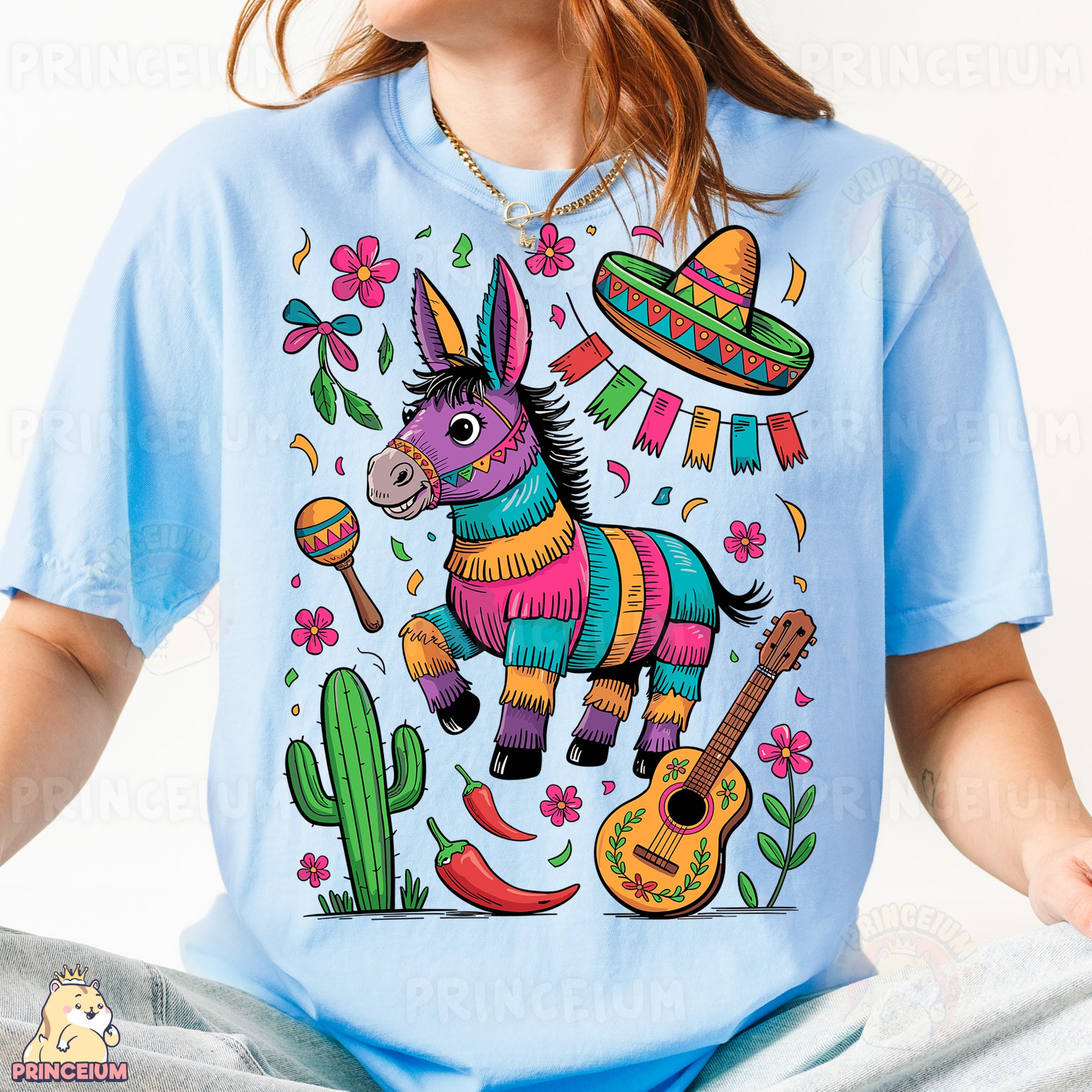 a woman wearing a blue shirt with a mexican donkey on it