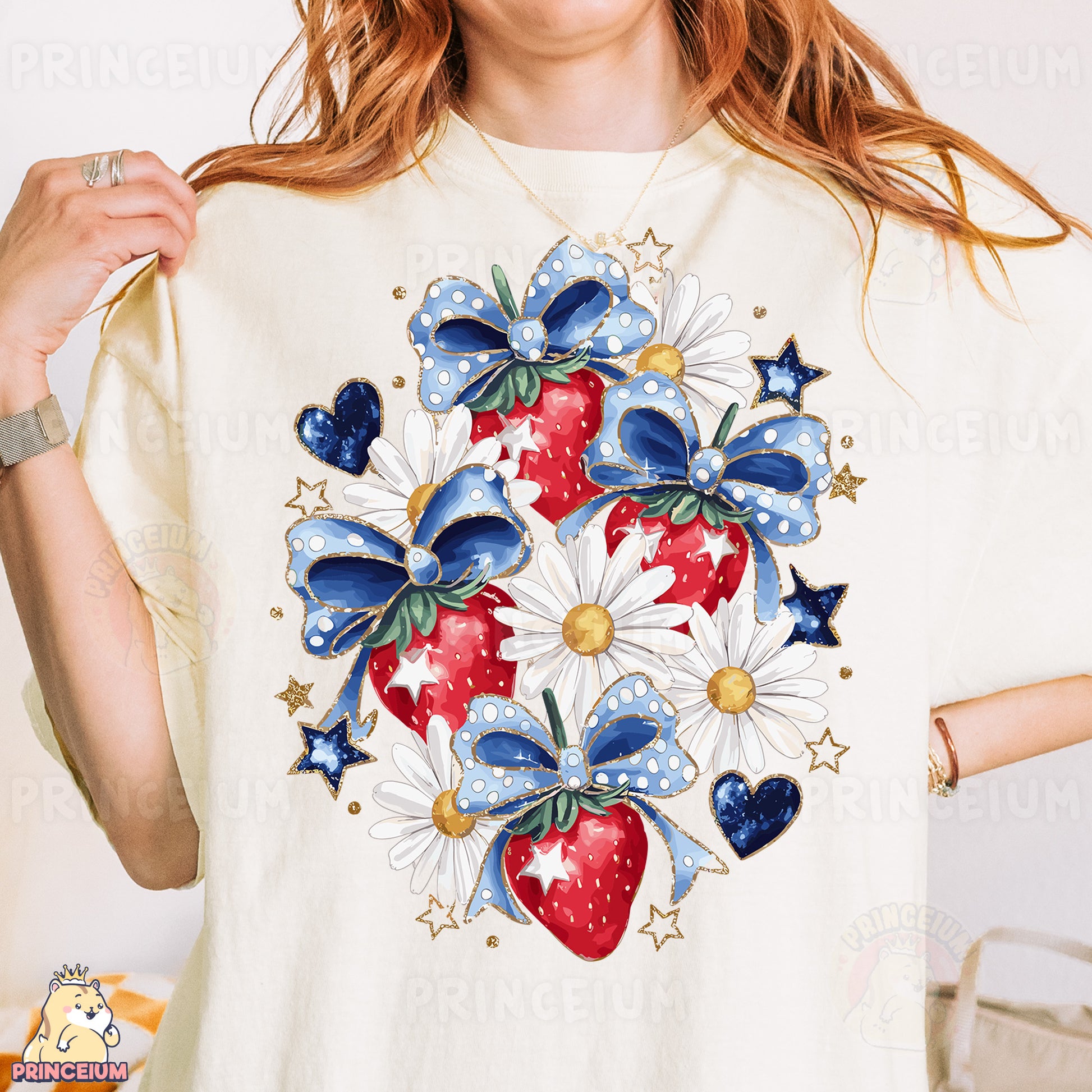 a woman wearing a white t - shirt with a strawberry on it