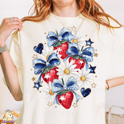 a woman wearing a white t - shirt with a strawberry on it