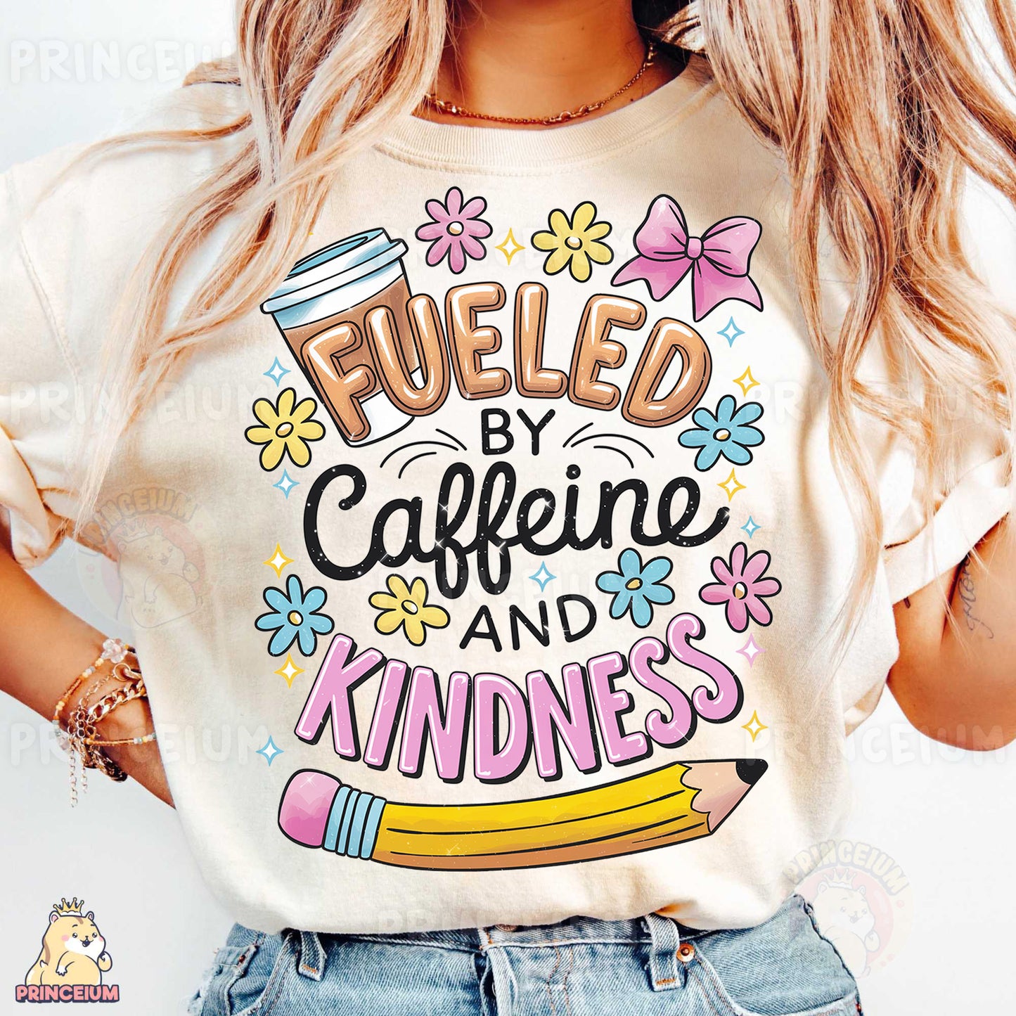 a woman wearing a t - shirt that says fueled by caffeine and kind
