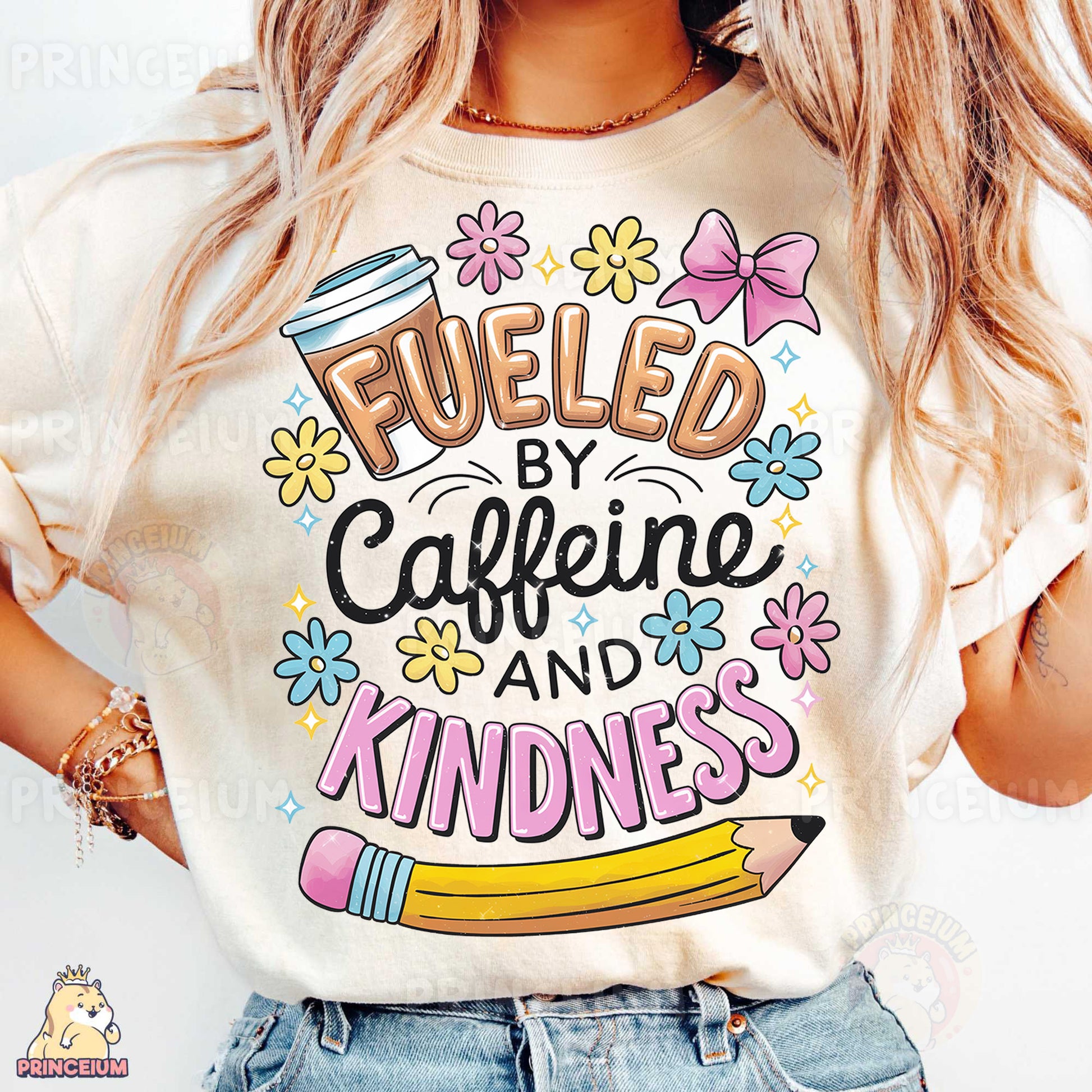 a woman wearing a t - shirt that says fueled by caffeine and kind