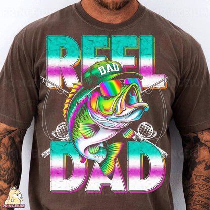 a man wearing a t - shirt that says reel dad