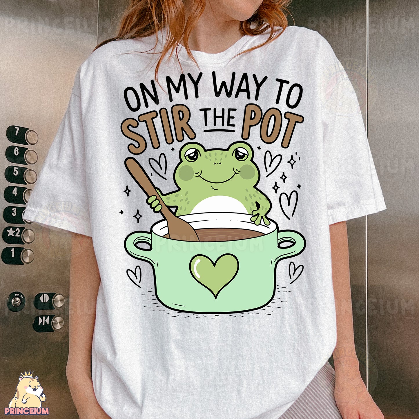 a woman wearing a t - shirt that says, on my way to stir the