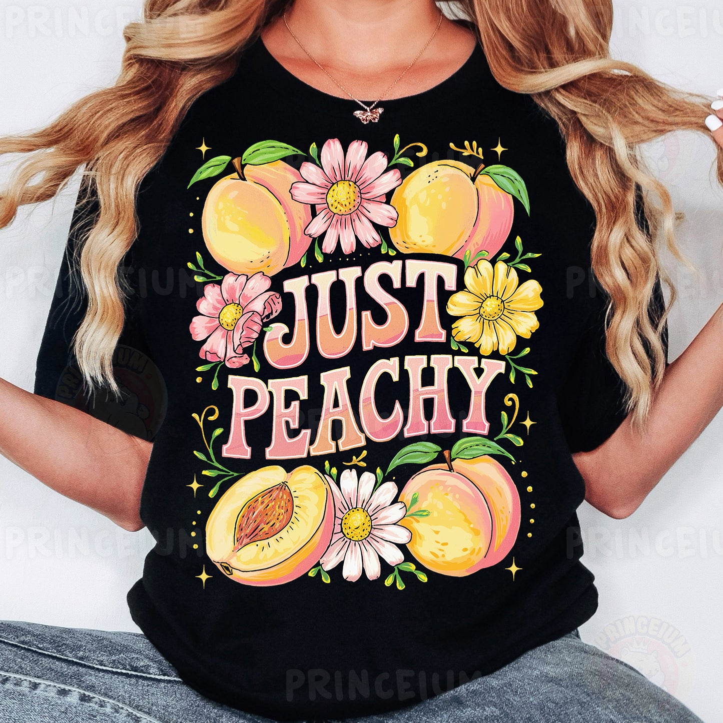 a woman wearing a t - shirt that says just peachy