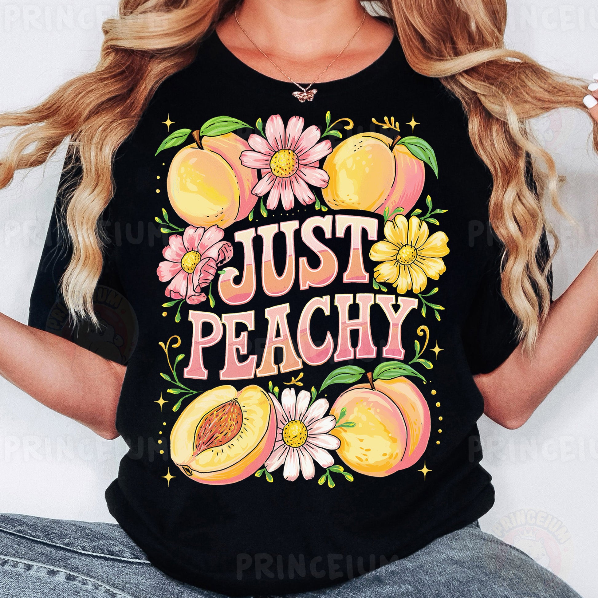 a woman wearing a t - shirt that says just peachy