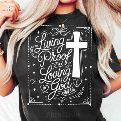 a woman wearing a black t - shirt with a cross on it