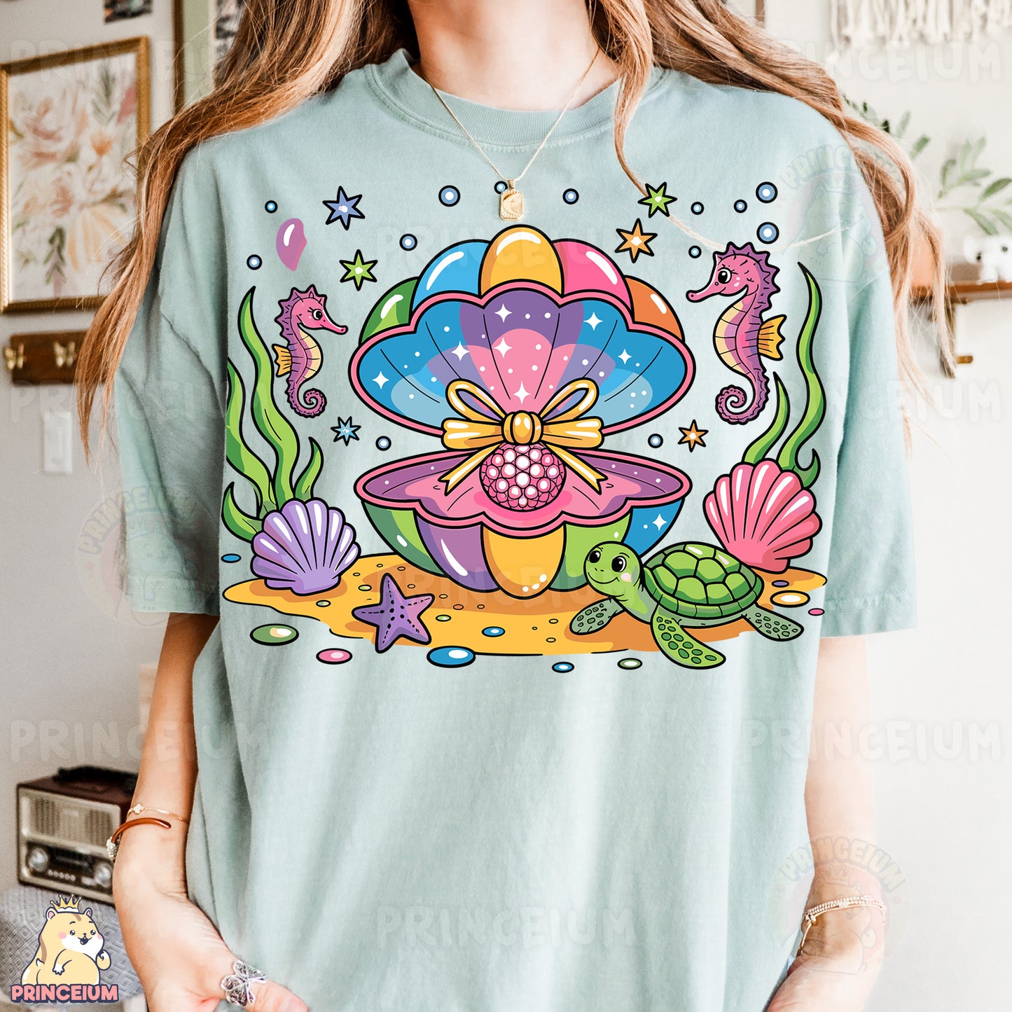 a woman wearing a t - shirt with an image of a sea turtle on it