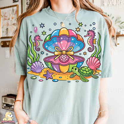 a woman wearing a t - shirt with an image of a sea turtle on it