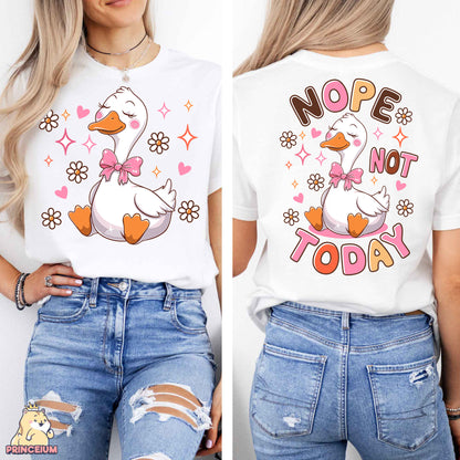 a woman wearing a t - shirt with a duck on it