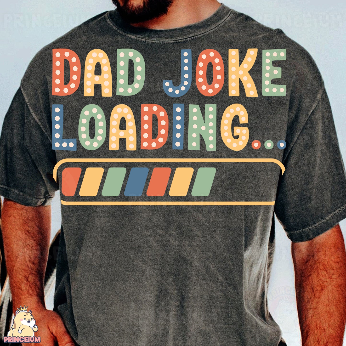a man wearing a t - shirt that says dad joke loading