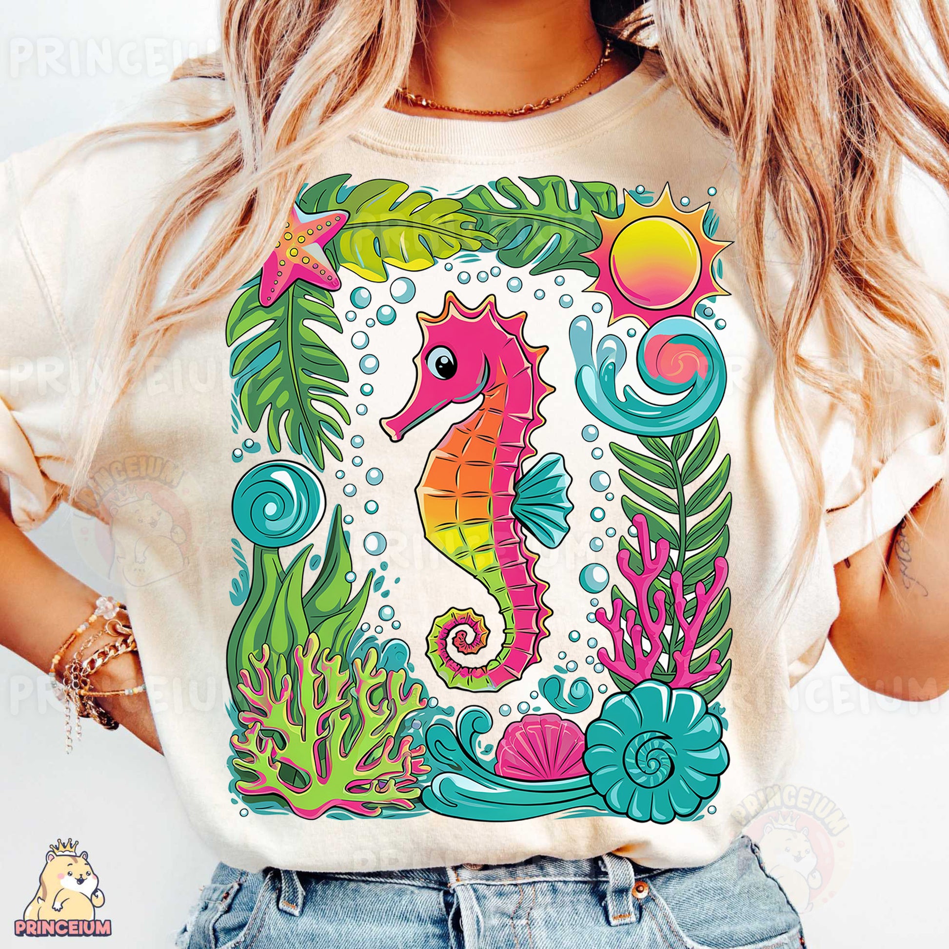 a woman wearing a t - shirt with a sea horse on it