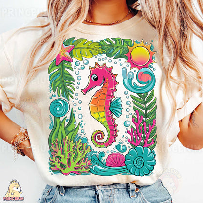 a woman wearing a t - shirt with a sea horse on it