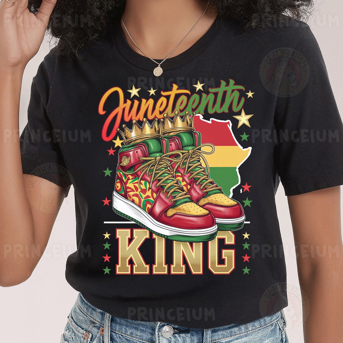 a woman wearing a black shirt with a pair of sneakers on it