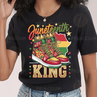 a woman wearing a black shirt with a pair of sneakers on it