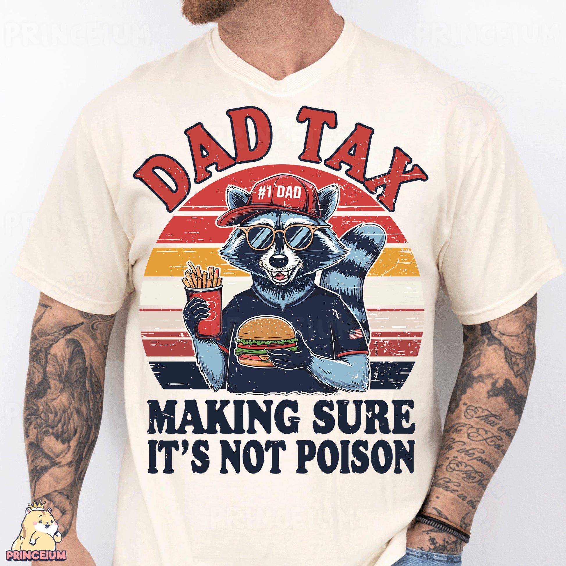 a man wearing a shirt that says dad tax making sure it's not po