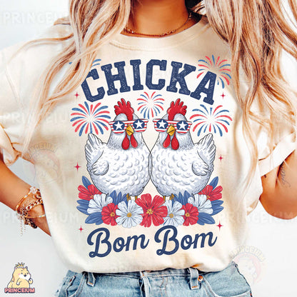 a woman wearing a t - shirt that says chicka born born