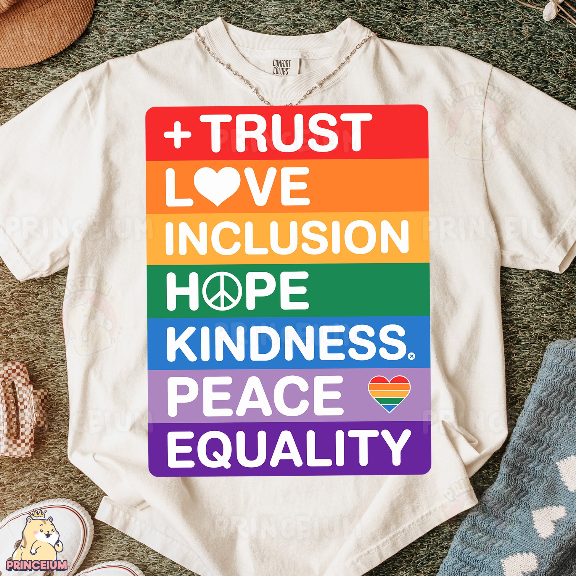 a t - shirt that says trust love, love inclusion, hope, kindness