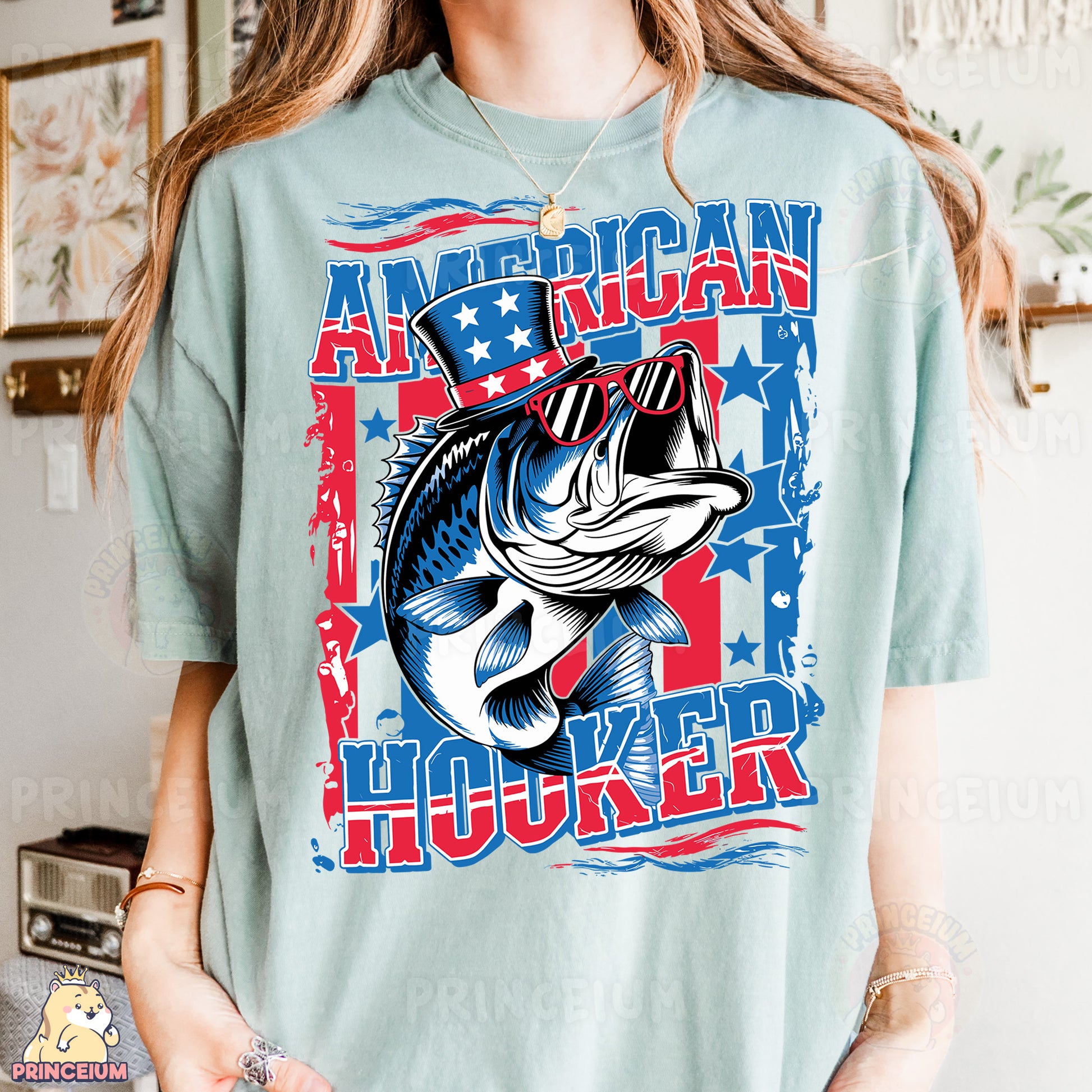 a woman wearing an american fish hunter t - shirt