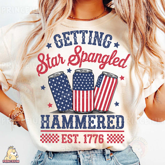 a woman wearing a t - shirt that says getting star spangled hammered