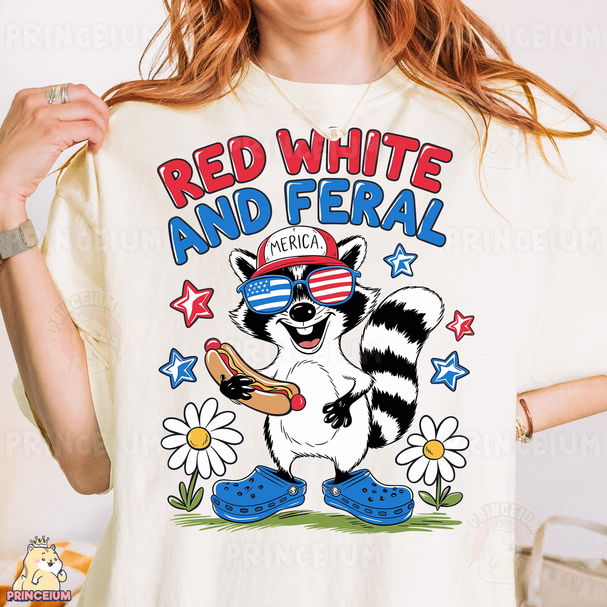a woman wearing a red white and fera shirt