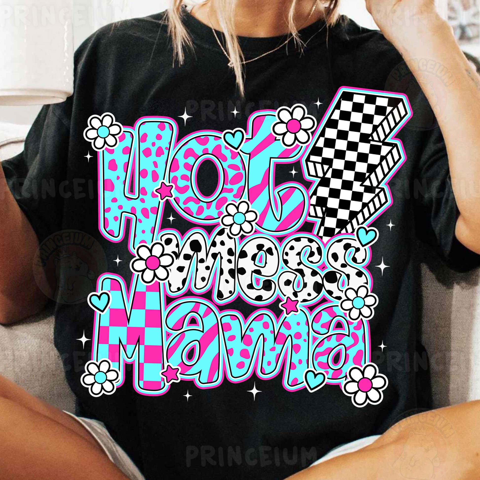 a woman sitting on a couch wearing a t - shirt with the words hot mama