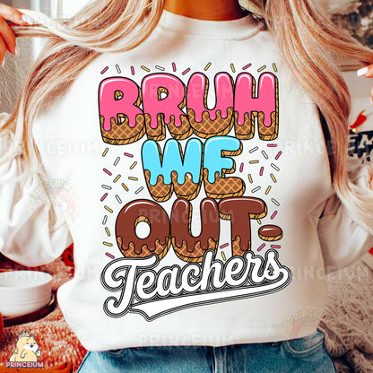 a woman wearing a brown we out teacher shirt