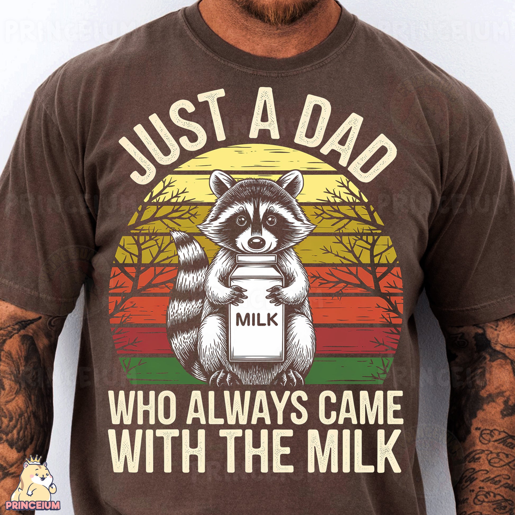 a man wearing a brown shirt with a raccoon on it