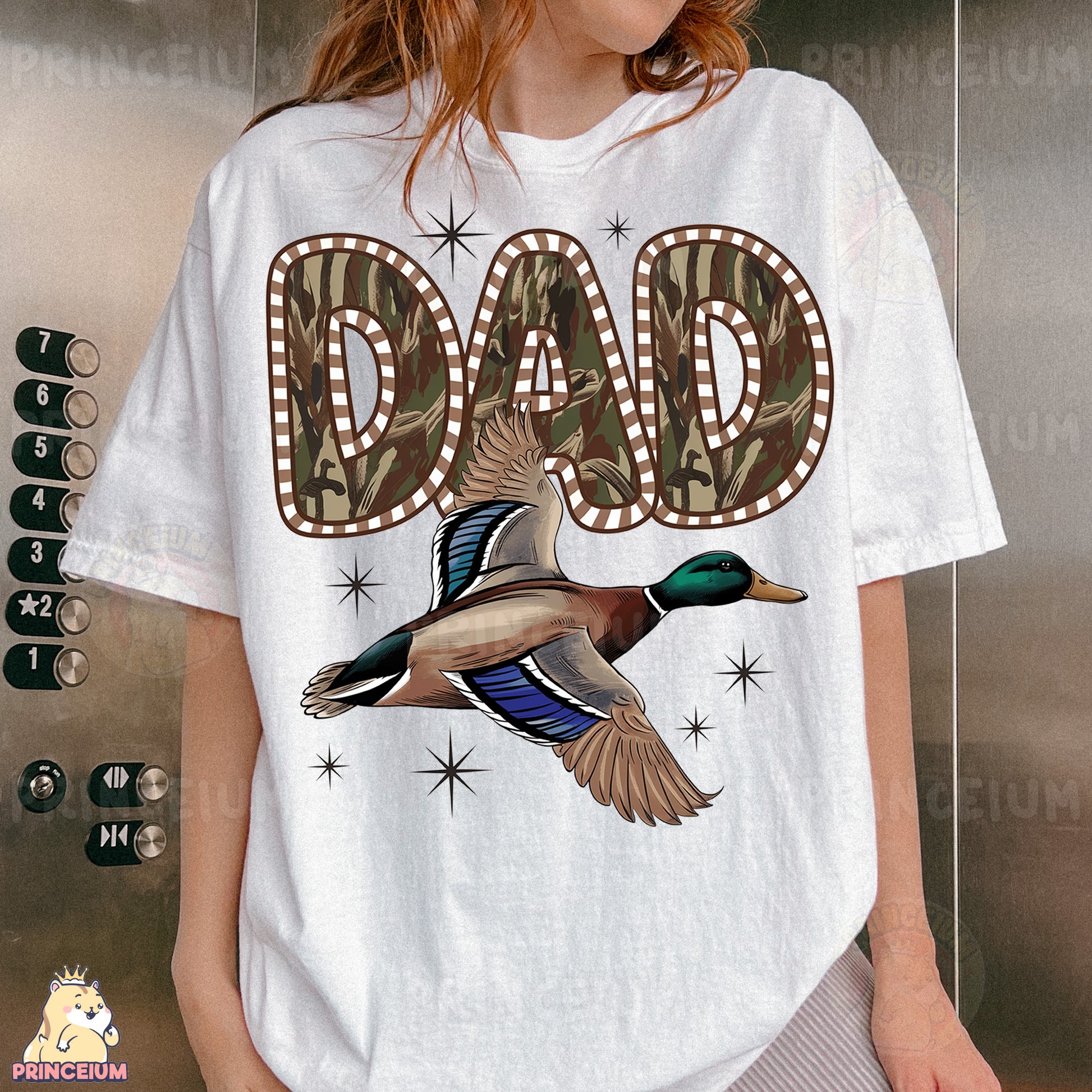 a woman wearing a t - shirt with a duck on it