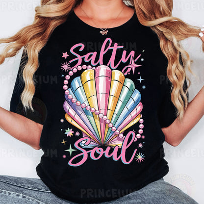 a woman wearing a black shirt that says salty soul