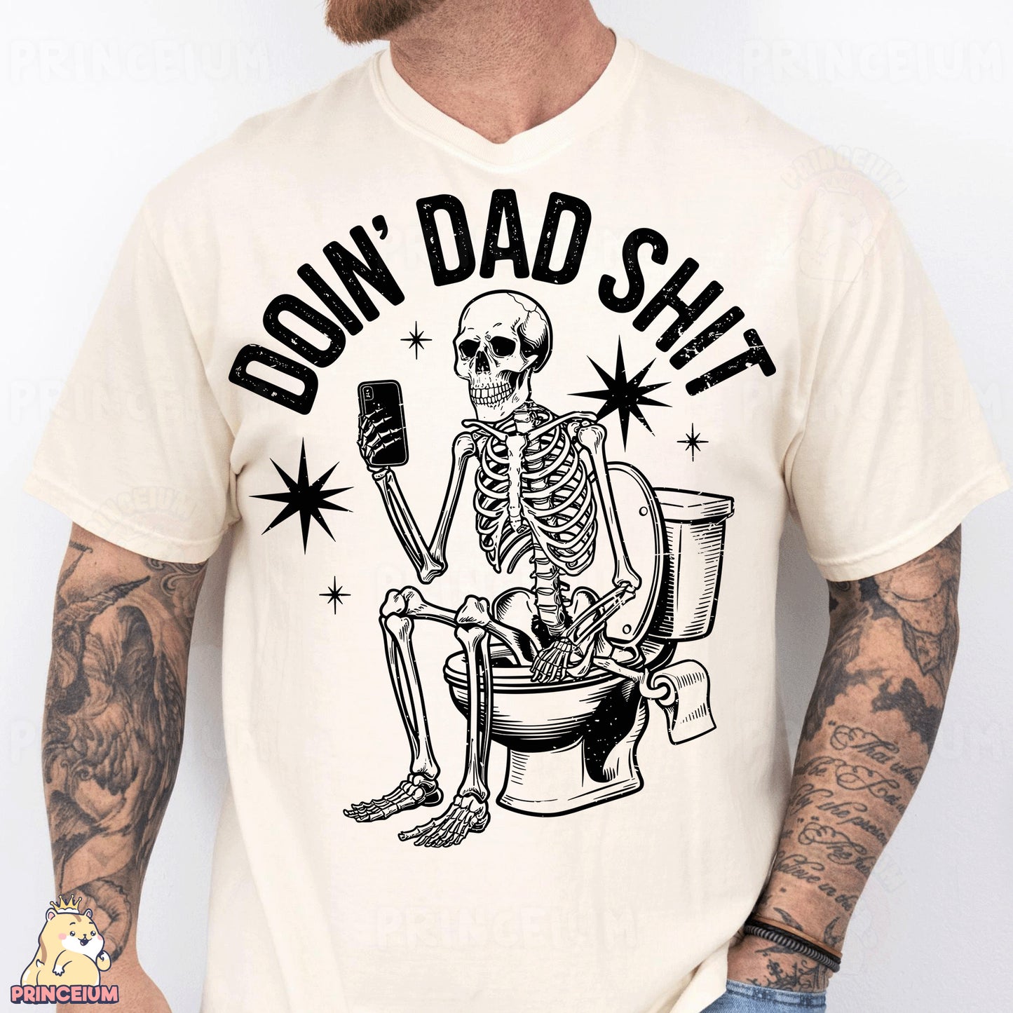 a man wearing a white shirt with a skeleton sitting on a toilet