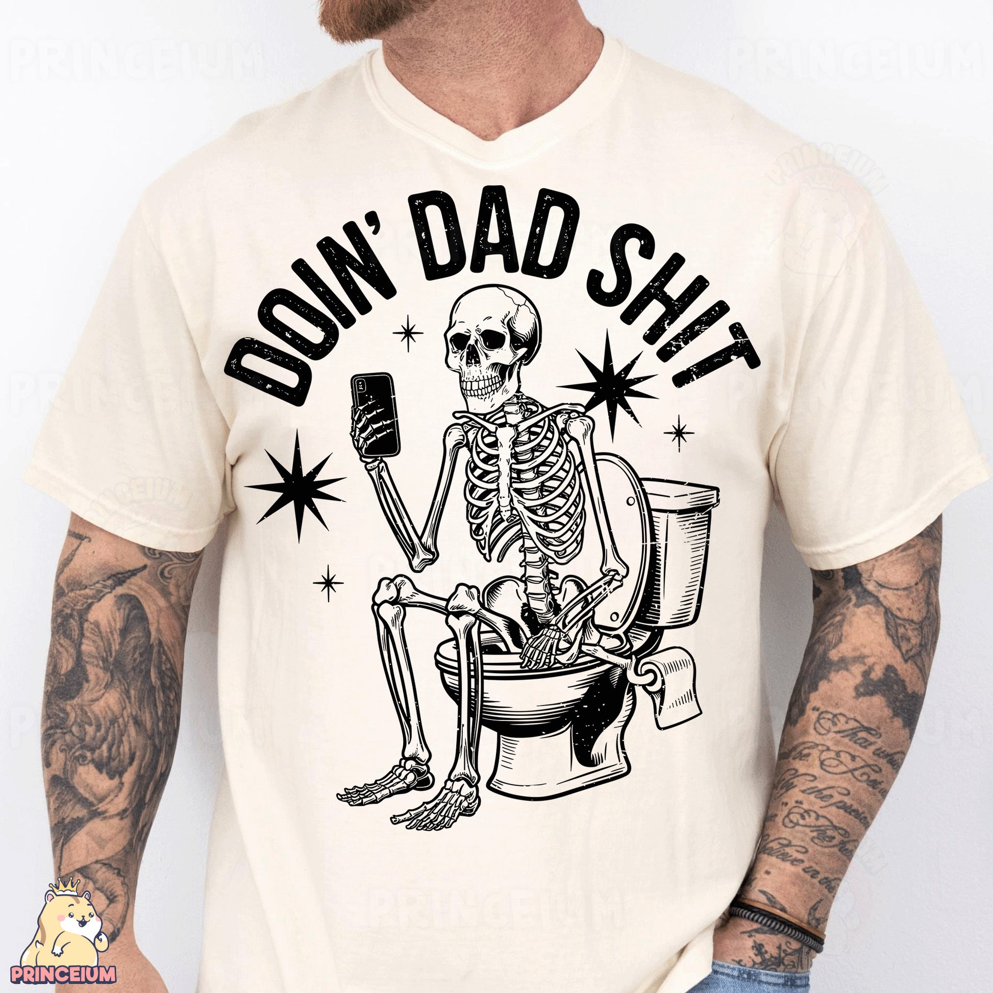 a man wearing a white shirt with a skeleton sitting on a toilet