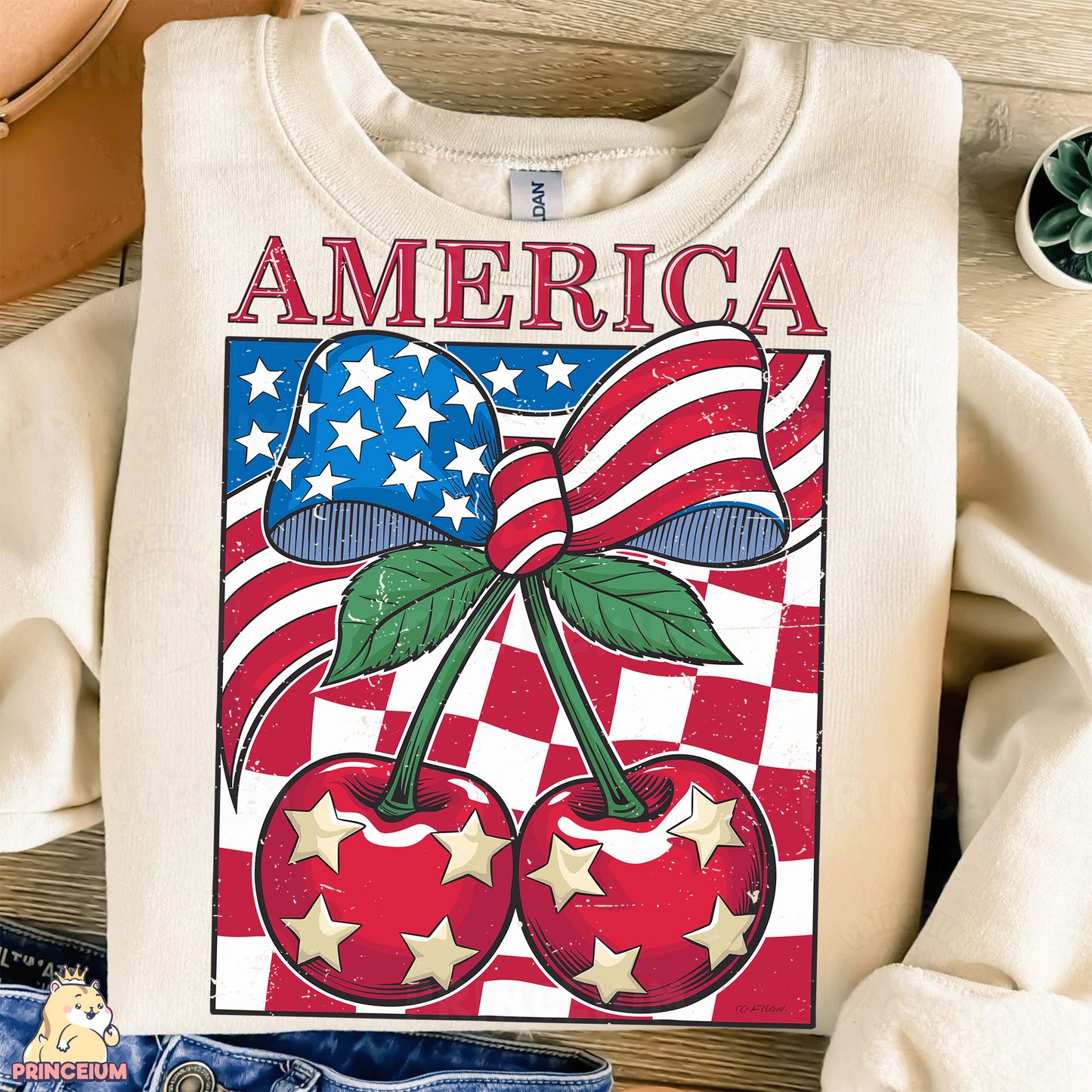 a t - shirt with an american flag and cherries on it