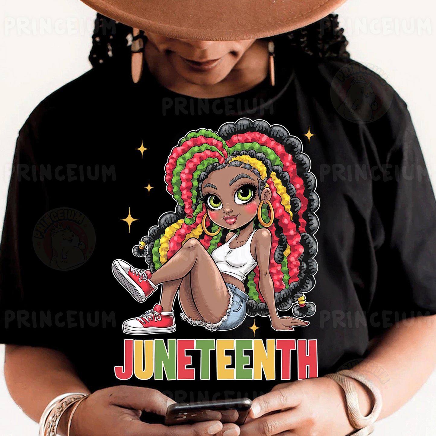 a woman wearing a black shirt with a black hat on her head