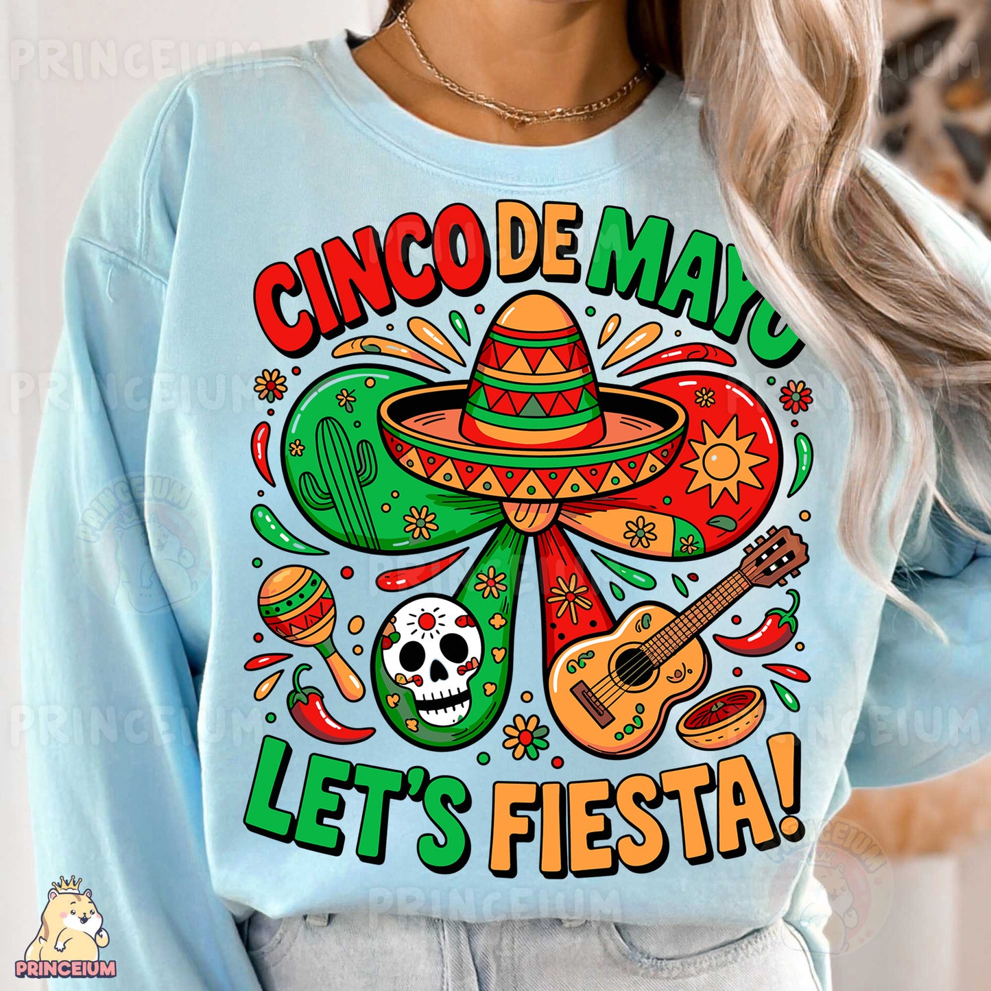 a woman wearing a cinco de mayo let's fiesta shirt