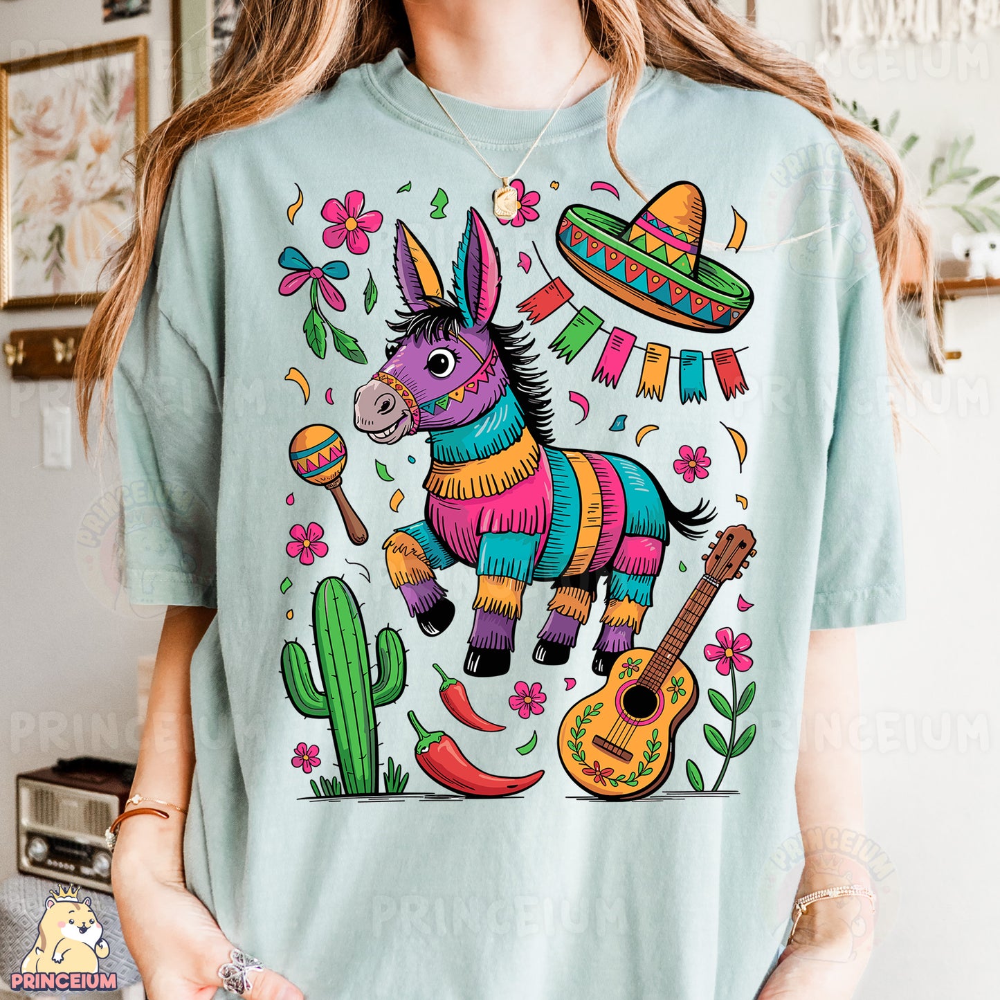 a woman wearing a t - shirt with a mexican donkey on it