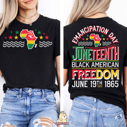 a woman wearing a black t - shirt that says black american freedom