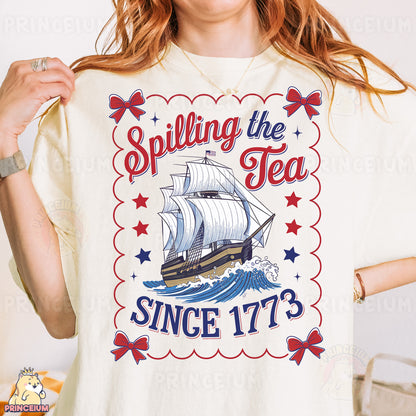 a woman wearing a t - shirt that says spilling the tea since it's